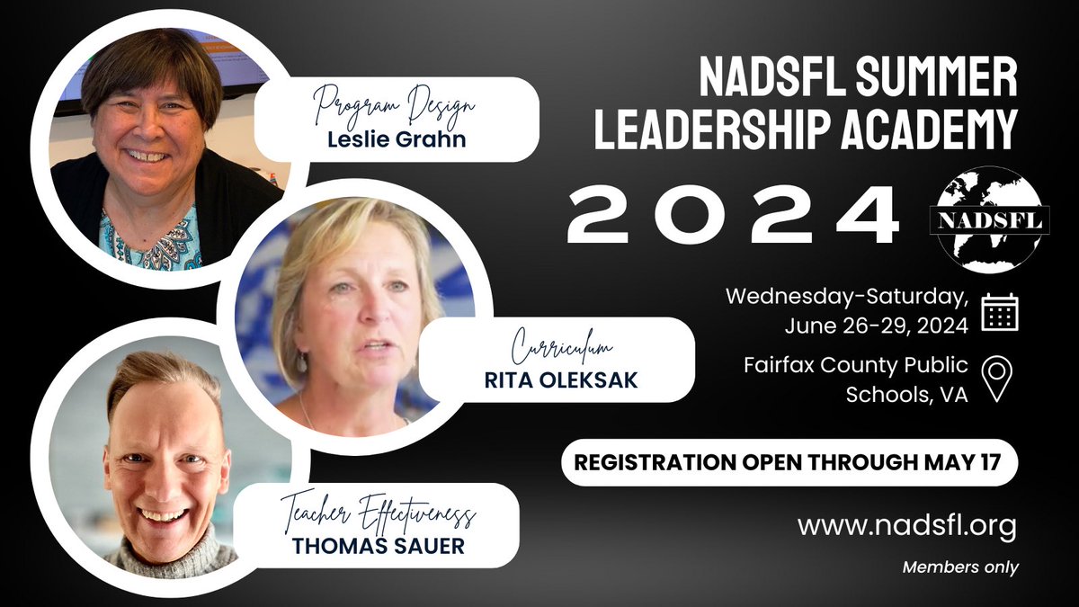 Have you seen our newsletter? We’ve announced our Summer Leadership Academy presenters! Leslie Grahn @grahnforlang, Rita Oleksak @Rita_FL, and Thomas Sauer will join us in Fairfax in June - hope to see our members there!