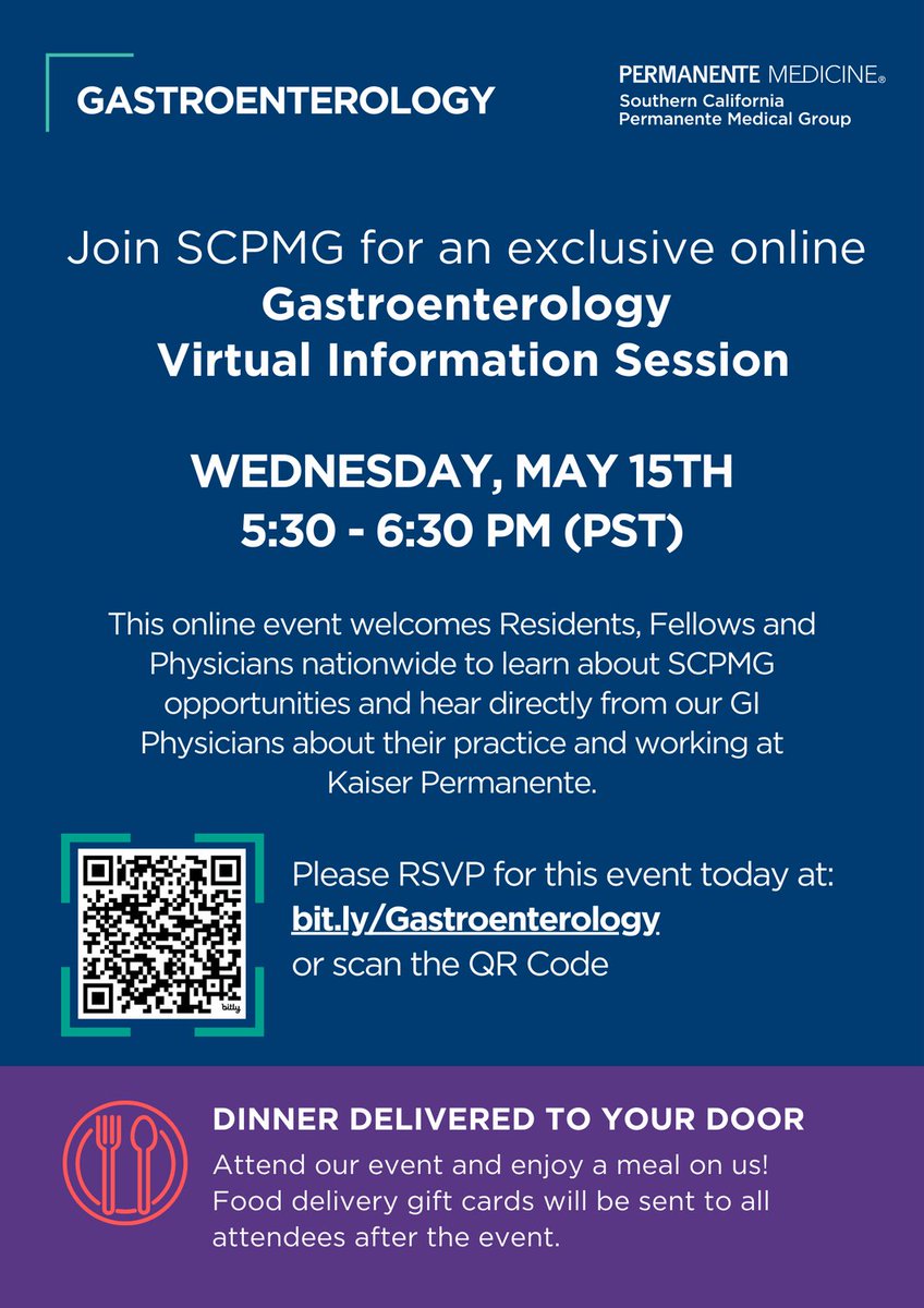 Attention GI Physicians! Don't miss out on this online event and learn about the Gastroenterology job opportunities at SCPMG Kaiser Permanente. Register now for this zoom event: bit.ly/SCPMGGIVirtual… #Gastroenterology #GI @GIphysicians #Doctors #hiring #Kaiserpermanente