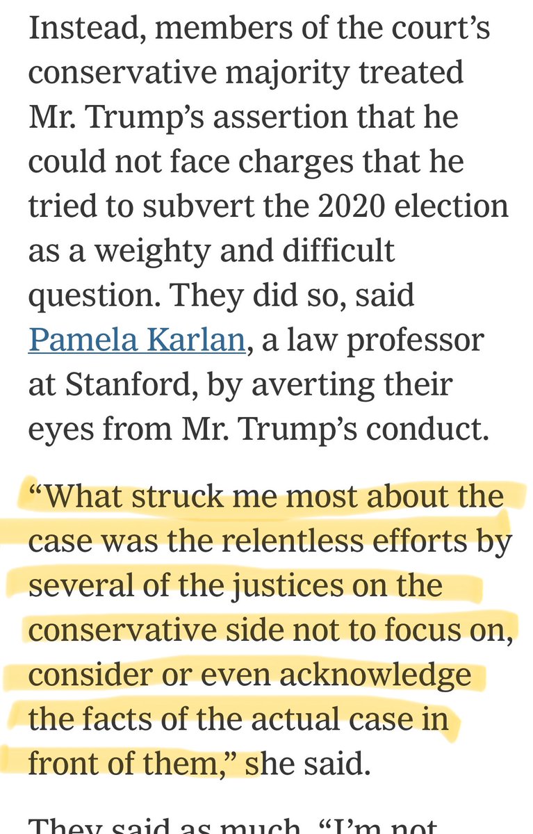 Good @adamliptak piece on the shameless fake-high-minded see-no-evil pro-Trump approach of Alito et al (but not Coney Barrett) in yesterday’s SCOTUS oral arguments about presidential immunity. nytimes.com/2024/04/26/us/…