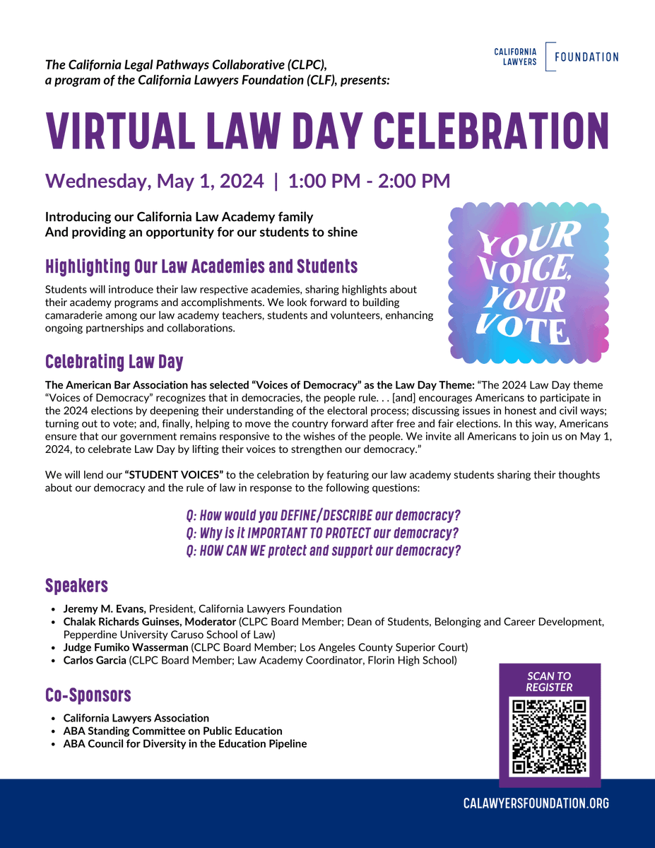 HOW CAN WE protect and support our democracy? Hear student voices share their thoughts about democracy and the rule of law in a Virtual Law Day Celebration, on May 1st at 1PM PT. Scan the QR code or visit the link to register.
lnkd.in/dkZ98sgb