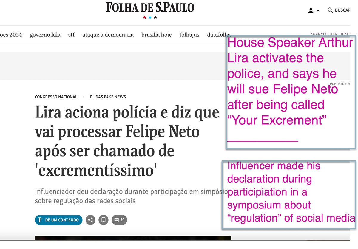 Brazil's largest YouTuber, Felipe Neto, is one of its most impassioned censorship advocates. He testified in Congress to argue for censorship and used a vulgarity about the House Speaker. He's now being criminally investigated. Not sure if he'll raise free speech as a defense.