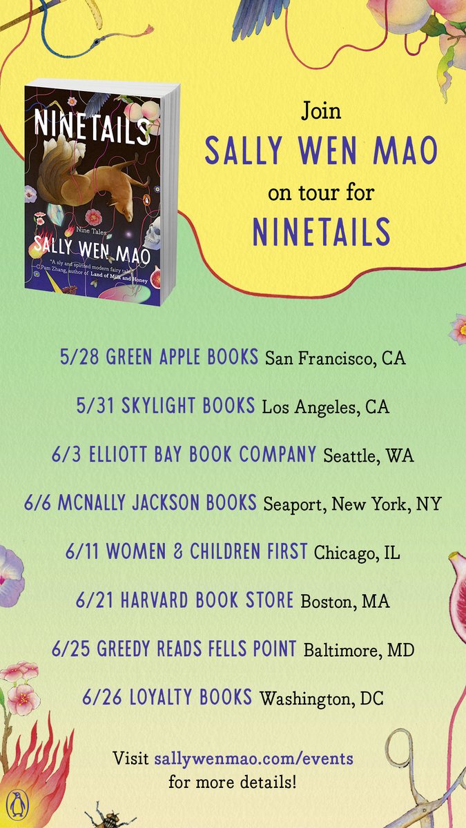 I'm going on tour for my debut fiction book, Ninetails. It is a rage-ful fabulist book full of shape-shifting nine-tailed fox spirits plotting for vengeance, justice, and liberation. I'd LOVE to see you there 🦊. Details over at sallywenmao.com/events!