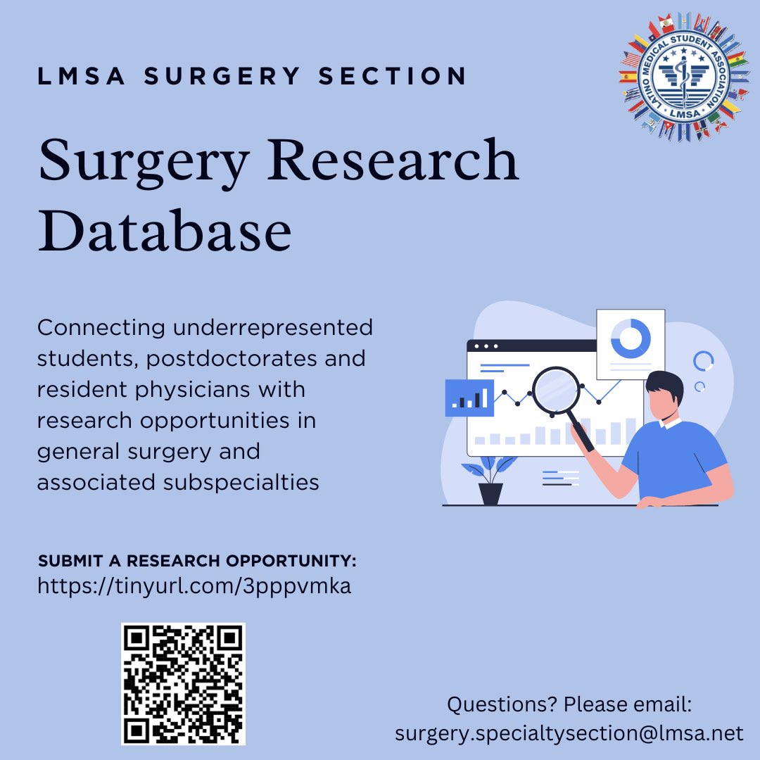 The Surgery Research Database is designed to connect underrepresented students, postdoctorates and resident physicians with research opportunities in general surgery and associated subspecialties. Please submit an opportunity using the form below! tinyurl.com/3pppvmka