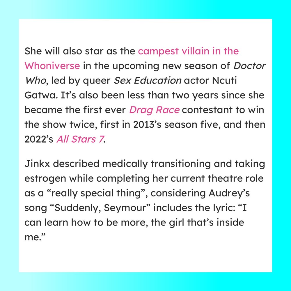 Don't feed the plants! But DO read this @PinkNews article about @JinkxMonsoon and her experience transitioning while starring in #LittleShopOfHorrors. Article-> bit.ly/3vXd1DJ #PEGpresents #JinkxMonsoon #Broadway #Drag #DragQueen #PEG #DragRace #RPDR #OffBroadway