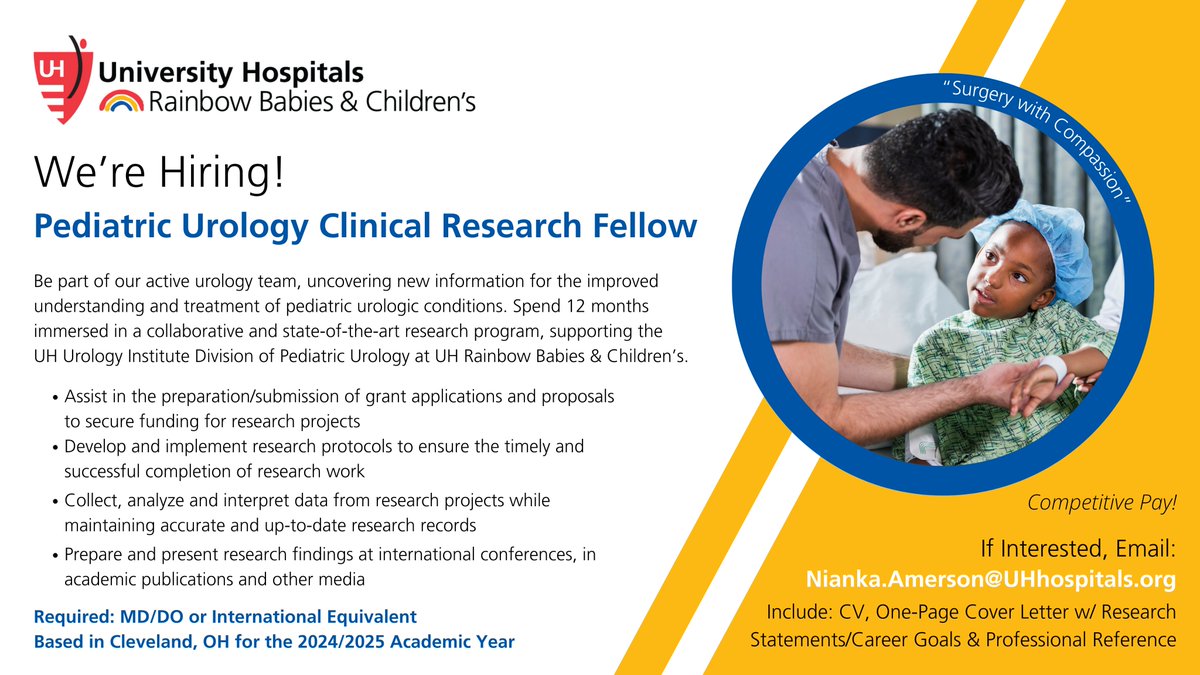We're Hiring! 📢 Our growing Division of Pediatric Urology is looking for a talented Clinical Research Fellow to spend the 2024/2025 academic year with @UHRainbowBabies. Drive clinical research initiatives & gain invaluable experience alongside Cleveland's most compassionate