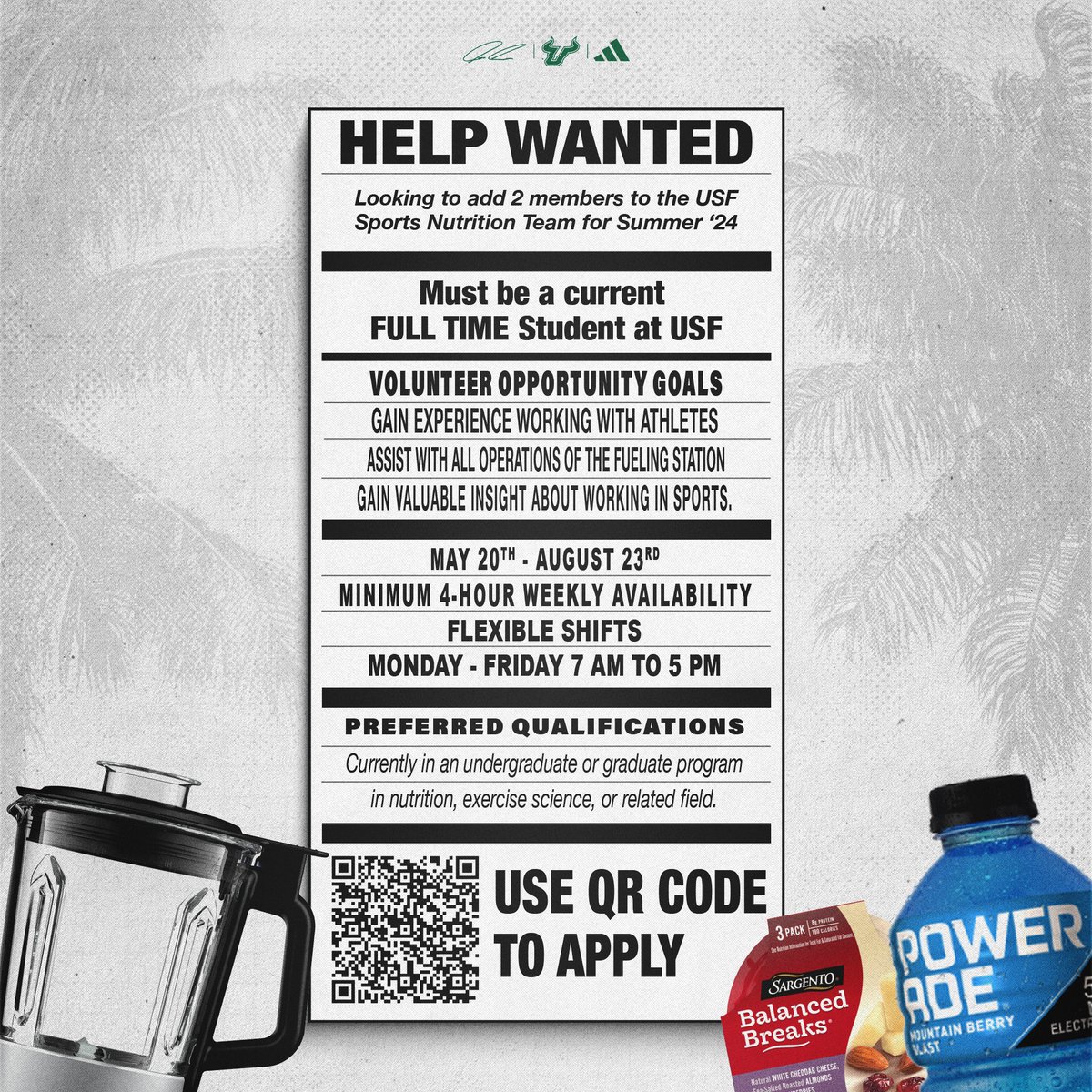 USF Football (@usffootball) on Twitter photo 🚨 VOLUNTEERS NEEDED 🚨
Interested in helping out with the USF Football Performance Nutrition this summer?
Scan the QR Code or email Conner Blake (connerblake@usf.edu) to apply.
#ComeToTheBay | #StayInTheBay 🚨 VOLUNTEERS NEEDED 🚨
Interested in helping out with the USF Football Performance Nutrition this summer?
Scan the QR Code or email Conner Blake (connerblake@usf.edu) to apply.
#ComeToTheBay | #StayInTheBay