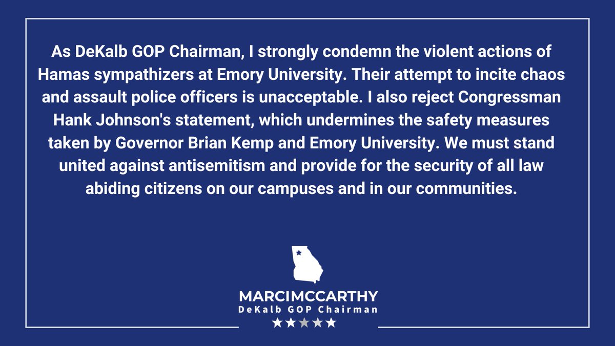 My statement on the disgraceful commentary from @RepHankJohnson following the attempted occupation of @EmoryUniversity. It’s time to vote this do-nothing, career politician out of office in November. #VoteDeKalbRed #gapol @DeKalbGOP @GaRepublicans