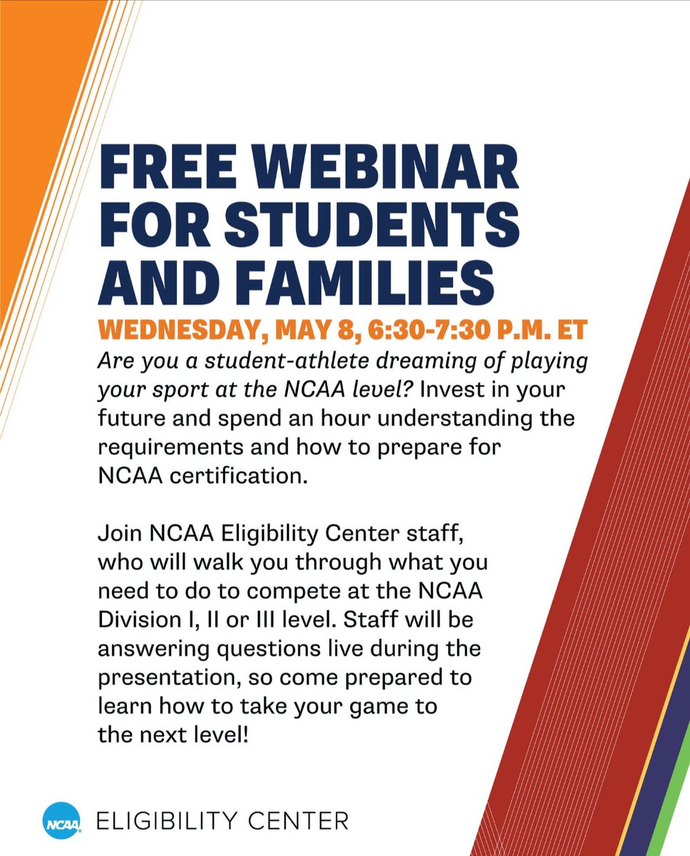 The NCAA Eligibility Center is offering a free webinar for college-bound student-athletes and families. Invest in your future and spend an hour on Wednesday, May 8 from 6:30-7:30 p.m. ET. ow.ly/7VwK50RpaZa