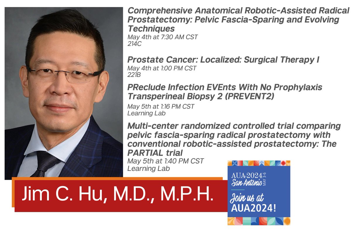 Throughout the #AUA24 meeting, join Dr. Jim Hu (@jimhumd) as he participates in various sessions discussing anatomical robotic-assisted radical prostatectomy, prostate cancer localized surgical therapy I, and the PREVENT 2 and PARTIAL trials. Learn more: aua2021.app.swapcard.com/event/2024-ann…