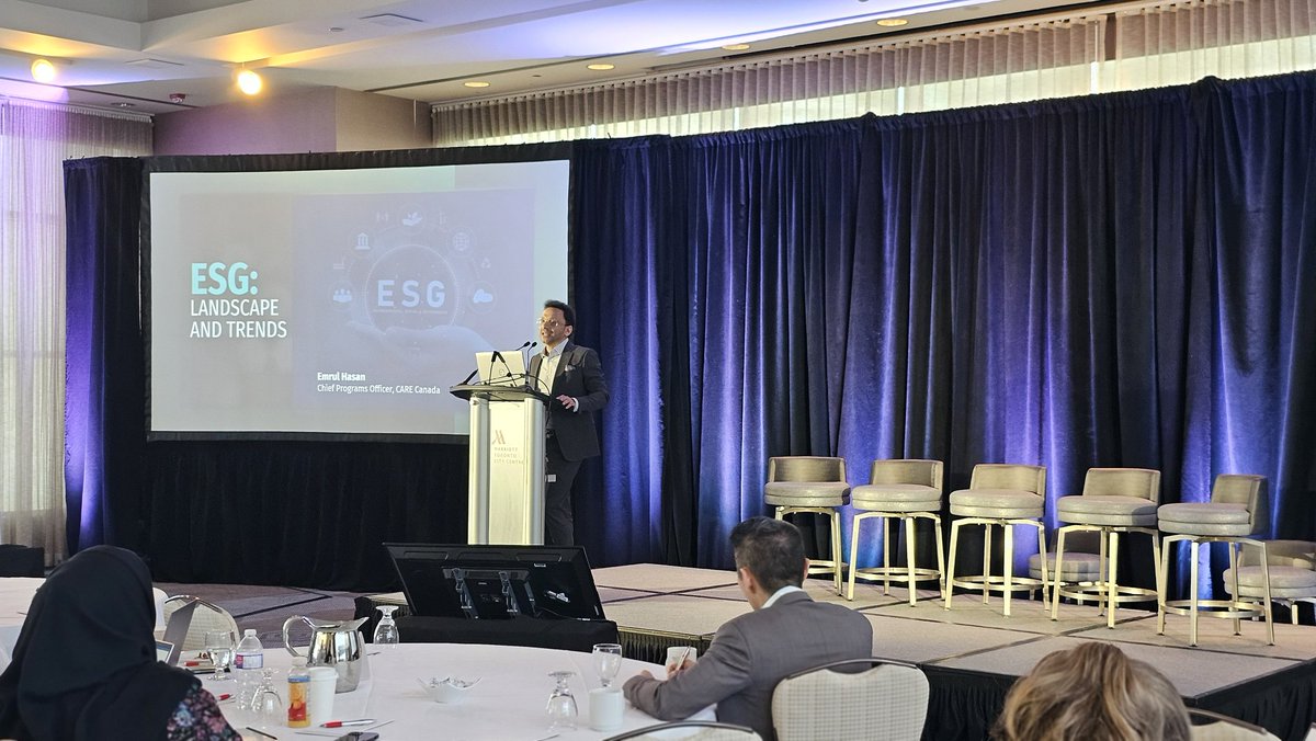 🌏 Mohammed Emrul Hasan, ESG-P, Chief Programs Officer at CARE Canada, is now giving an insightful overview of the ESG landscape in Canada. His deep dive into the current challenges and opportunities sets the stage for meaningful progress in sustainability. #ESGTO2"