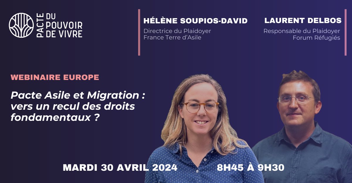🔎 Quelles conséquences du Pacte européen sur la migration et l’asile pour les droits fondamentaux des personnes migrantes ?

Pour y répondre, <a href="/PouvoirDeVivre/">Le Pacte du Pouvoir de Vivre</a> organise un webinaire le 30 avril de 8h45 à 9h30 avec <a href="/hsoupios/">Hélène Soupios-David</a> et <a href="/forumrefugies/">Forum réfugiés</a> 

Inscriptions👉shorturl.at/pMP67