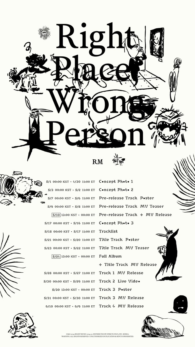 — La promoción de 'Right Place, Wrong Person', el segundo álbum en solitario de #RM, contará con el lanzamiento de una canción previa al álbum y 4 videos musicales. #RightPlaceWrongPerson