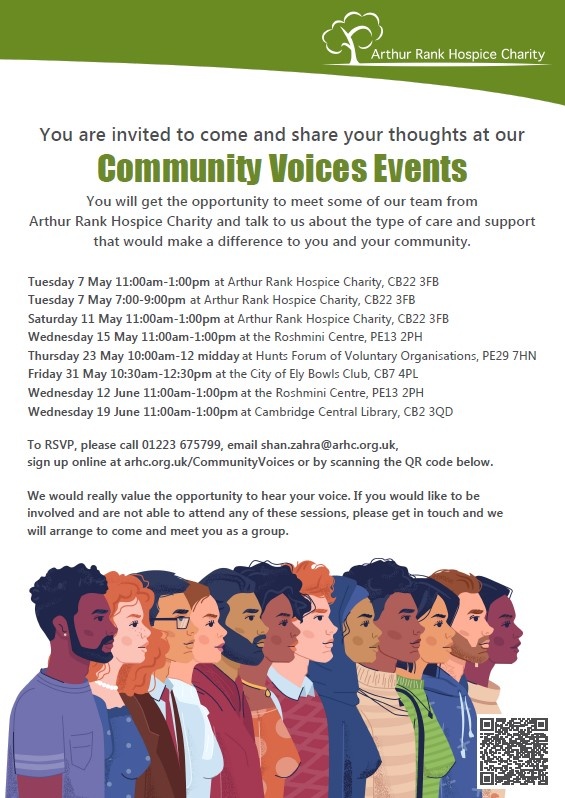 @ArthurRankHouse is looking forward to meeting you at one of the Community Voices sessions to hear from you, what you and your loved ones value when it comes to end-of-life care. Bookings by: 📧shan.zahra@arhc.org.uk, 📞01223675777, or 🌐lght.ly/mc7in3e #EndOfLifeCare