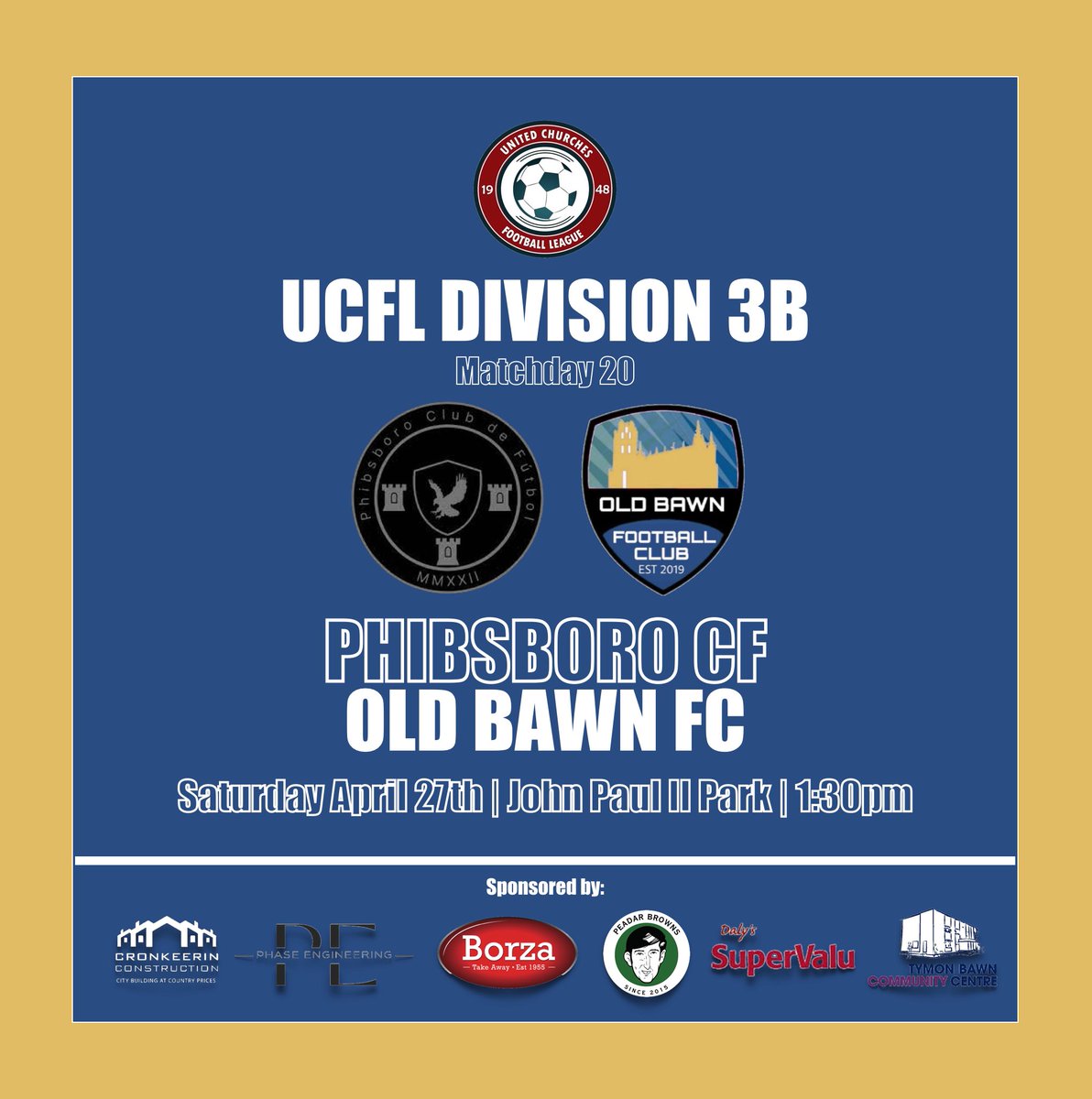 Just one fixture for the club this weekend with our UCFL side in action away to Phibsboro CF.

1:30pm kick off in Cabra, all support welcome! 🔵⚫️ #UpTheBawn