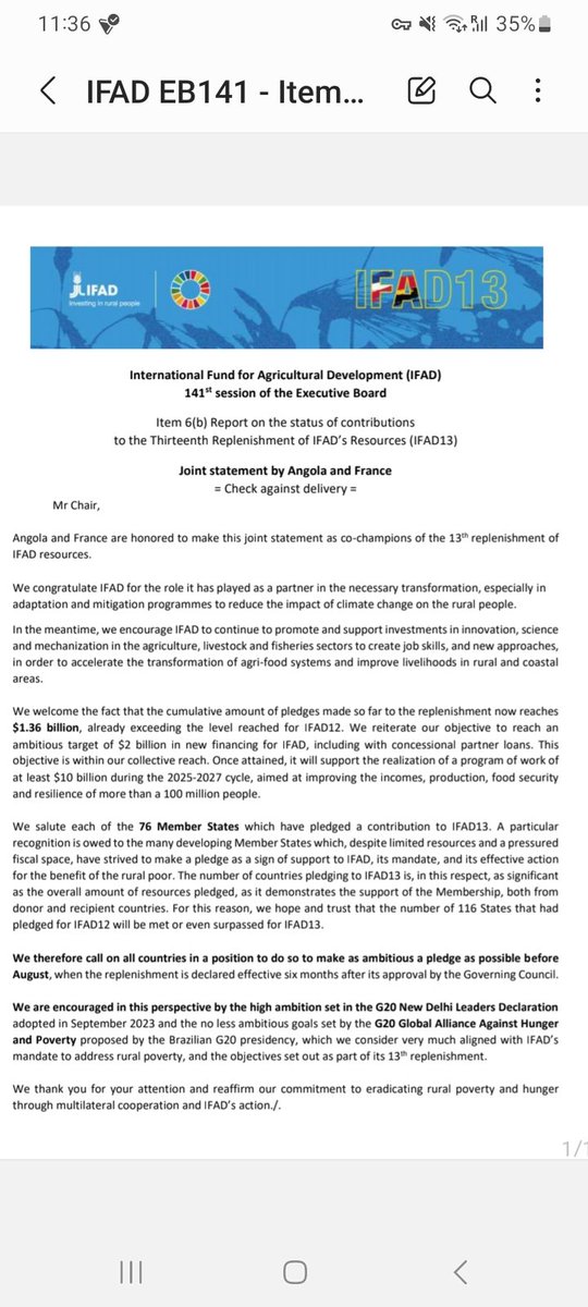 France🇫🇷 and Angola🇦🇴 delivered a joint statement at the @IFAD Executive Board, in their capacity as co-champions of the #IFAD13 replenishment. 'We feel encouraged by the high ambition set by the @g20org and the Global alliance against hunger and poverty proposed by #G20Brazil'