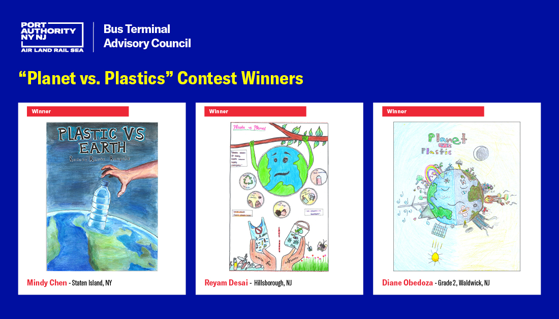 We're thrilled to announce the winners of the Port Authority Bus Terminal Advisory Council's #EarthMonth poster contest, themed 'Planet vs Plastics.' Congrats to Mindy Chen, Reyam Desai and Diane Obedoza! Check out their amazing work: