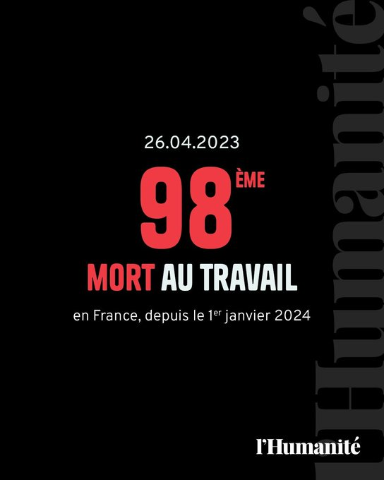 Saint-Gervazy (63) : un ouvrier de 25 ans est décédé sur son lieu de travail. L'homme est mort écrasé par un engin (une trémie). 

 L’Humanité s’associe à Matthieu Lépine (@DuAccident) pour documenter la réalité des morts au travail ➡️ l.humanite.fr/dd