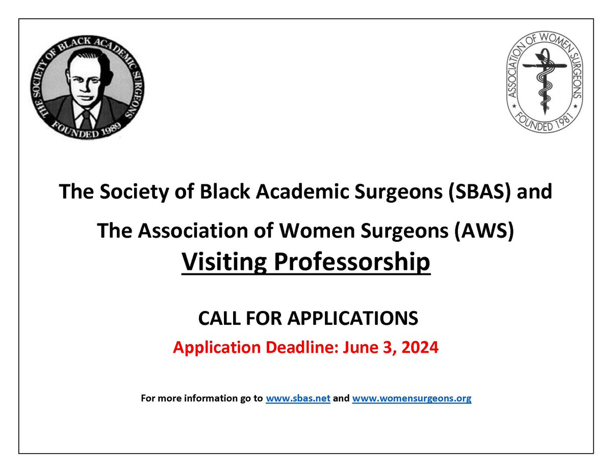 ✅Are you an associate professor? ✅Are you a member of @WomenSurgeons? ✅Are you a member of @SocietyofBAS ? ✅Have you been on faculty for less than 15 years? Then you should apply for the @WomenSurgeons & @SocietyofBAS visiting professorship! tinyurl.com/SBASvisiting