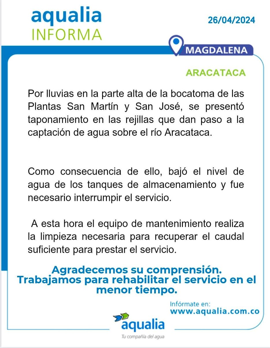 #AqualiaCol_Informa 🇨🇴 | 26 de abril #Magdalena 📣 Infórmate aquí con nuestro último aviso para #Aracataca.

#AqualiaColombia