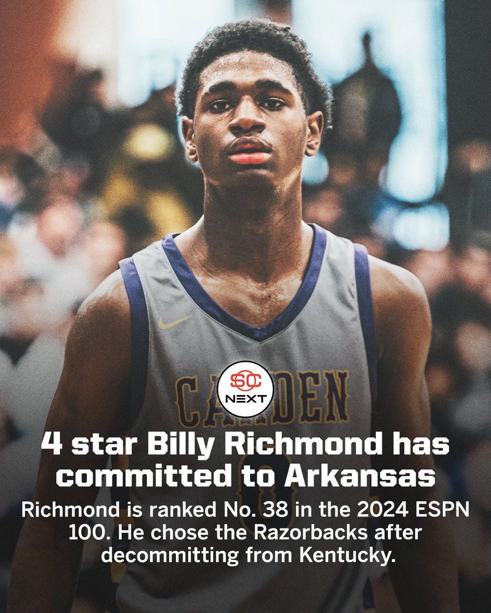 4⭐️ Billy Richmond (no. 38 ESPN 💯) has committed to Arkansas‼️ @BillyRichmondI | @RazorbackMBB