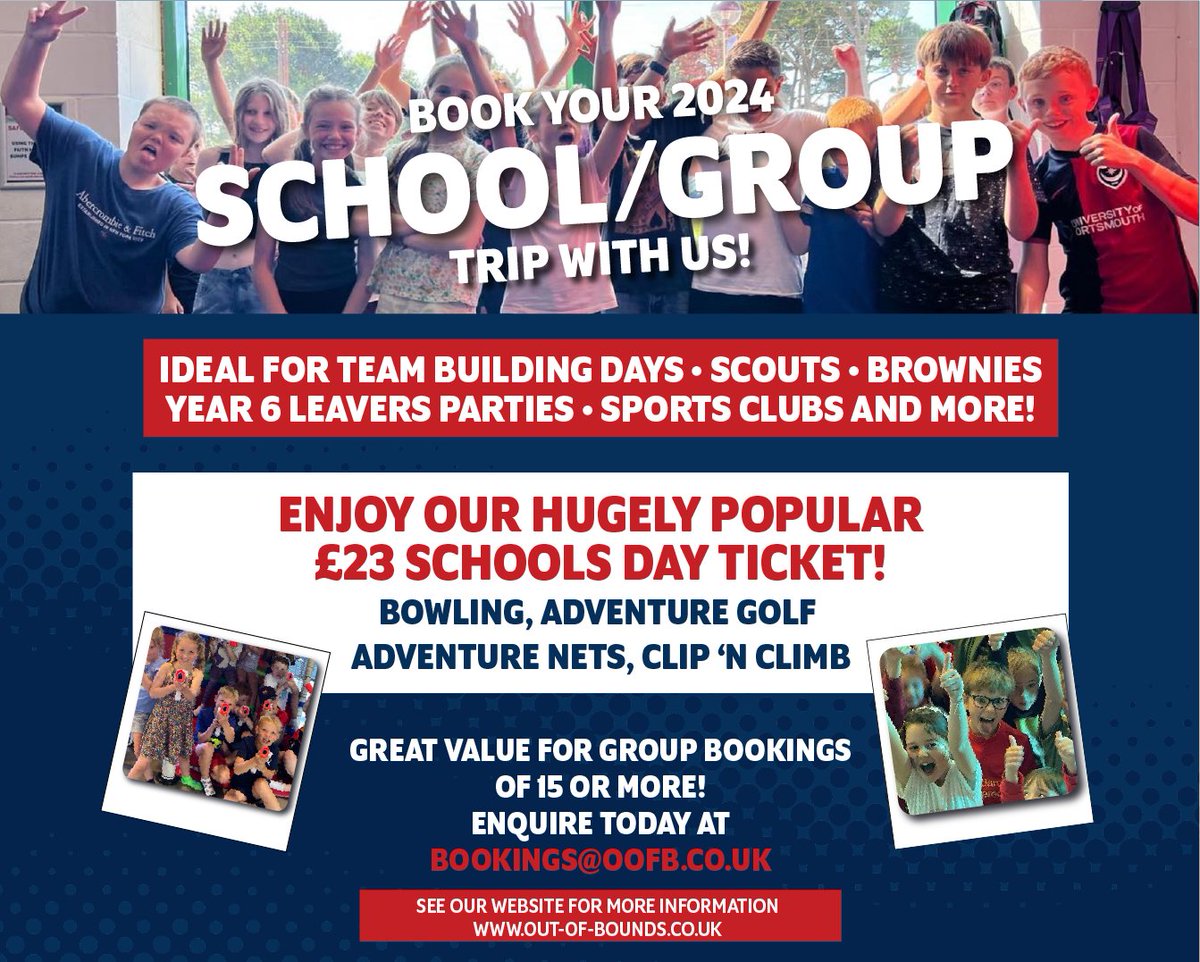 🚌🎉 Want to make your end-of-year school trip unforgettable?
The more students you bring, the less you pay—so let's get everyone together for a fantastic time! 🌟👫 

Book now for discounts! 📲 out-of-bounds.co.uk/schools-groups…

#schooltrips #schoolswestsussex  #outofbounds  #rustington