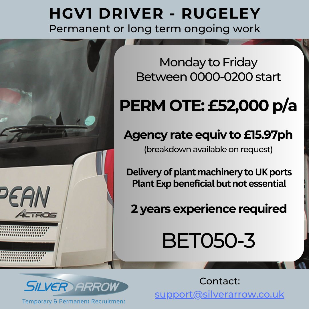 🚛BET050-3 - HGV1 
📌Rugeley
👍Apply now!
Click below for full specification
briteuropean.com/recruitment/