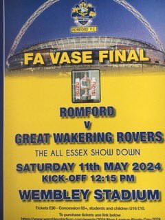 Get your tickets to come along to @wembleystadium to watch @RomfordFC with @Borolife @Johnfis08605918 @JohnnyFisherBox Get your tickets for 11 May wembleystadium.com/events/2024/No… £30 for adults and £10 kids/concessions
