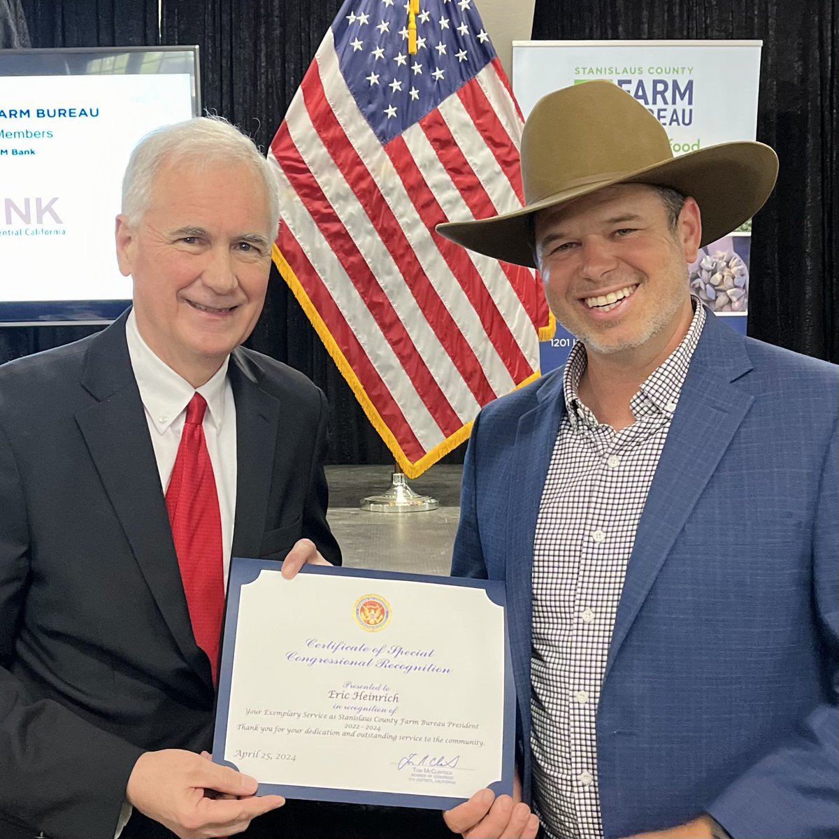 It was an honor to recognize Eric Heinrich with a Certificate of Special Congressional Recognition for his exemplary service as the Stanislaus County Farm Bureau President from 2022-2024. Thank you Eric for your dedication and outstanding service to the community.