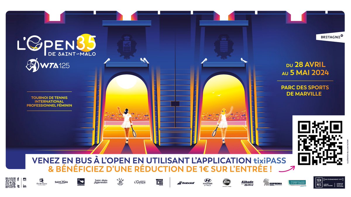 [Open 35 de Saint-Malo] 🚍Allez-y en bus avec l'application tixiPASS et bénéficiez d'une réduction de 1€ sur l'entrée !
🚏Arrêt Stade Marville : ligne 2
🚏Arrêt Gares : toutes lignes (sauf 6, 7, 9 et 15)