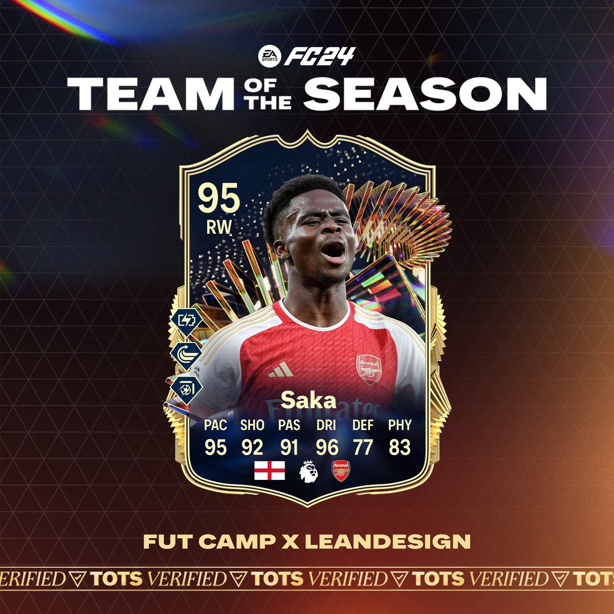 SAKA TOTS OFFICIAL CARD 👀🔴 Official stats ✅ Official PS+ ✅ Official dynamic ✅ Source:(@fut_camp ) #EAFC24 #FC24 #TOTS