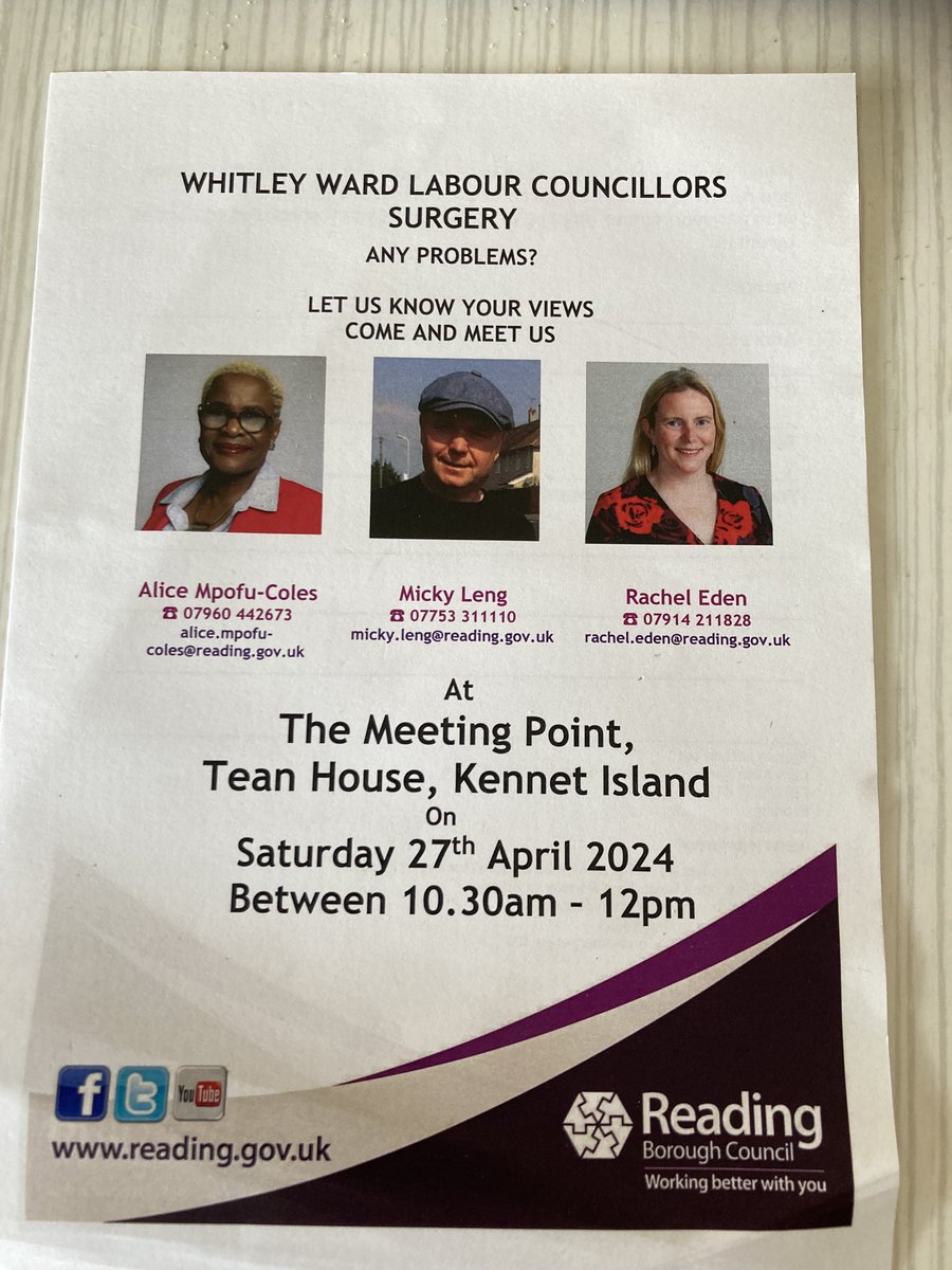 Attn. local residents - if you're fed up with how things are, or if you have any concerns #DoSomething. Local representatives, the Whitley Ward Councillors, are holding a surgery tomorrow (Sat. 27th Apr) between 10:30am-12:00 noon. @RachelEden @LengMicky @DrAMpofuColes
