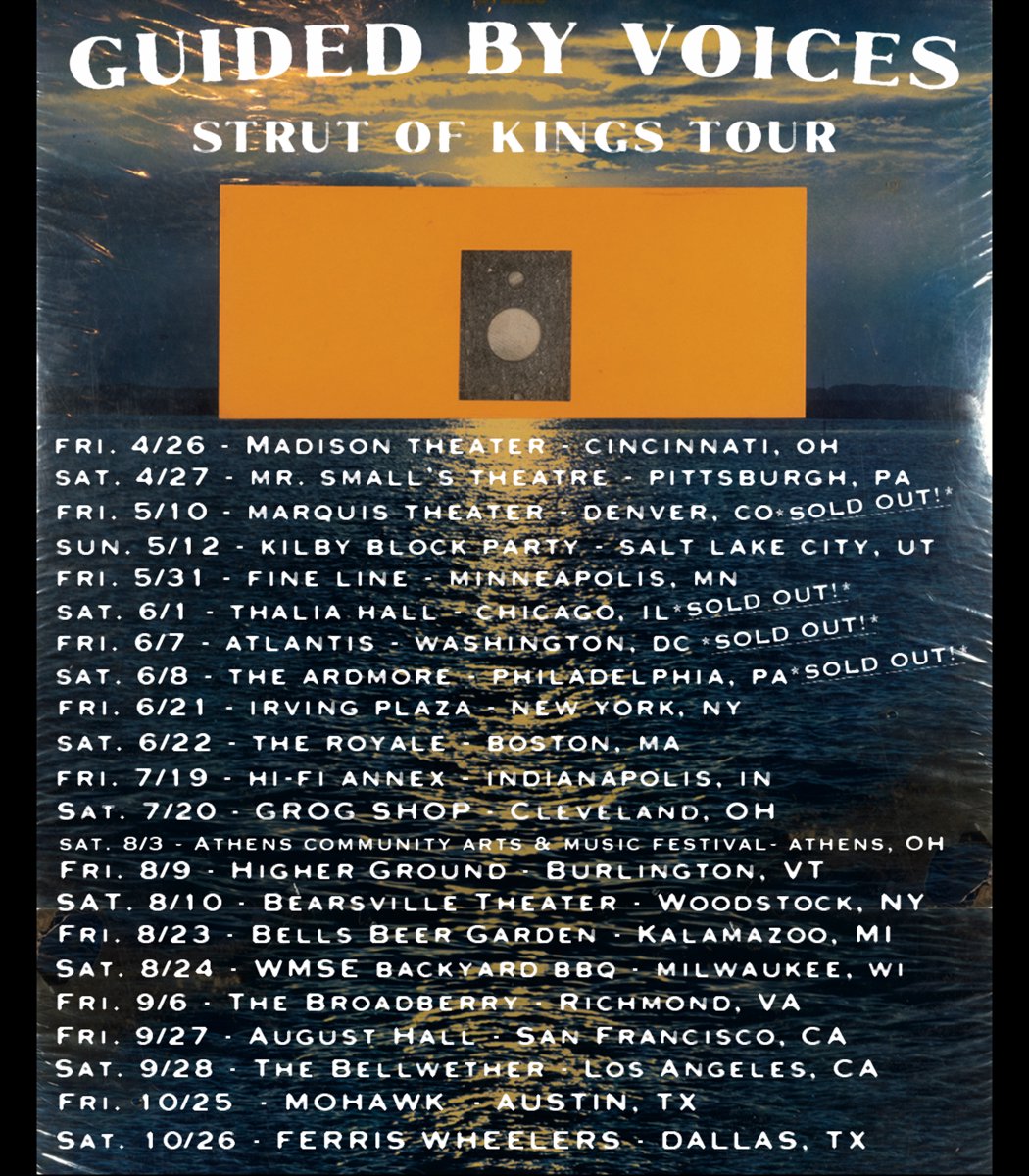 My @_guidedbyvoices Strut of Kings tour picks:

🎟️ In the Middle: 4/26 (TODAY!) @MadisonTheater in Covington KY + @wussymusic
🎟️ East Coast: 9/6 @TheBroadberry in Richmond VA + @dazysound 
🎟️ West Coast: 9/27 @AugustHall_SF in San Fran + @GlennDonaldson 

guidedbyvoices.com/tour