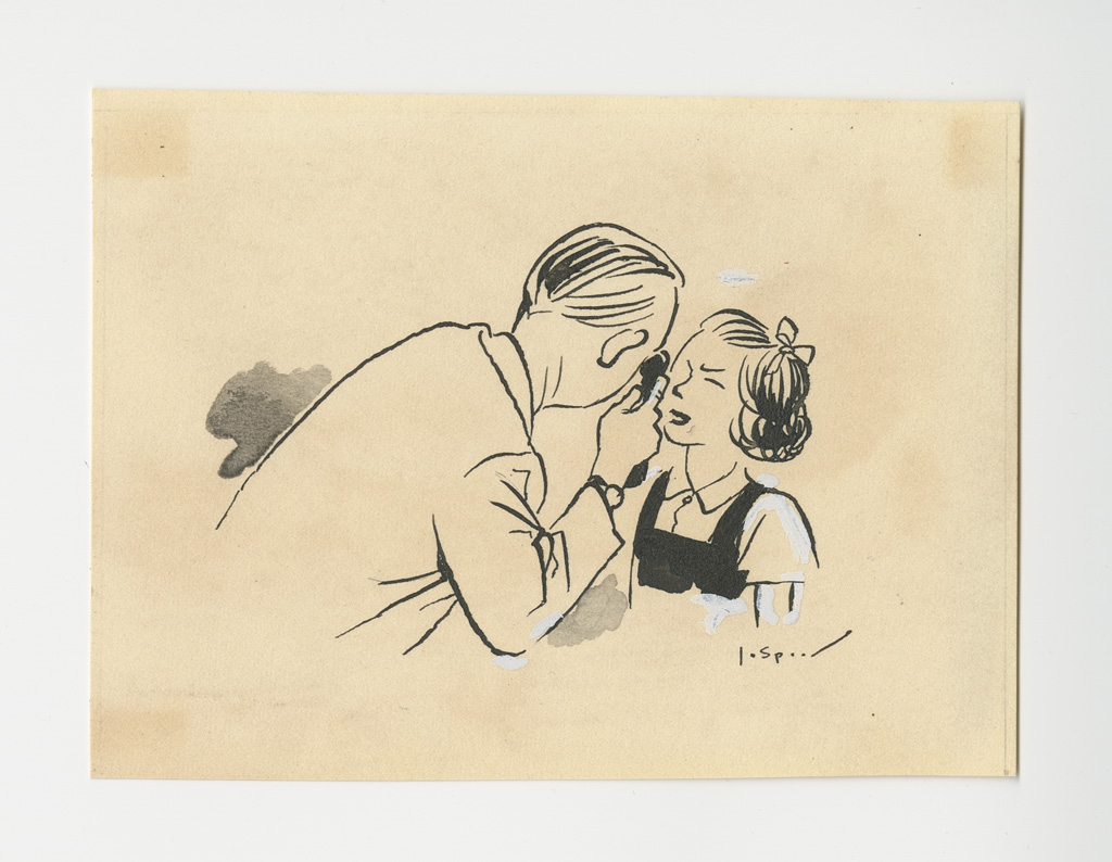 McGovernHRC's tweet photo. Heart Bulletin artwork Before/After:

Illustration, p. 84: “Doctor examining child” drawing by Jo Spier, for article "The Heart in Examination of School Children," Sept/Oct 1956, Box 11, Folder 30, IC 094 Medical Arts Publishing Foundation, McGovern Historical Center, TMC Library https://t.co/ccUnoUG1kA
