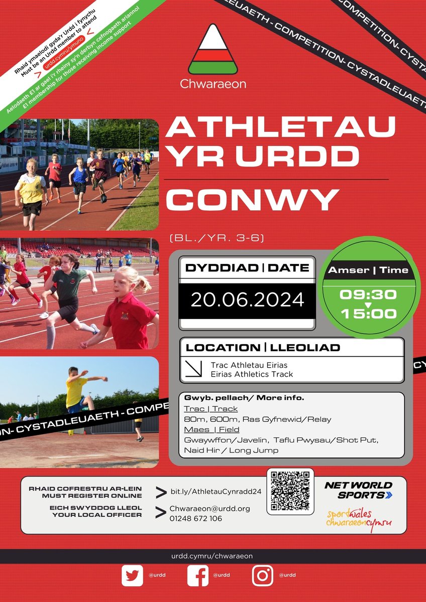 ‼Cystadleuaeth Athletau Conwy‼ Cofrestrwch eich ysgol heddiw😁 📆20/06/2024 📍Trac Athletau Eirias ⏱9:30 - 15:00 cognitoforms.com/UrddGobaithCym Am fwy o wybodaeth Cysylltwch a chwaraeon@urdd.org