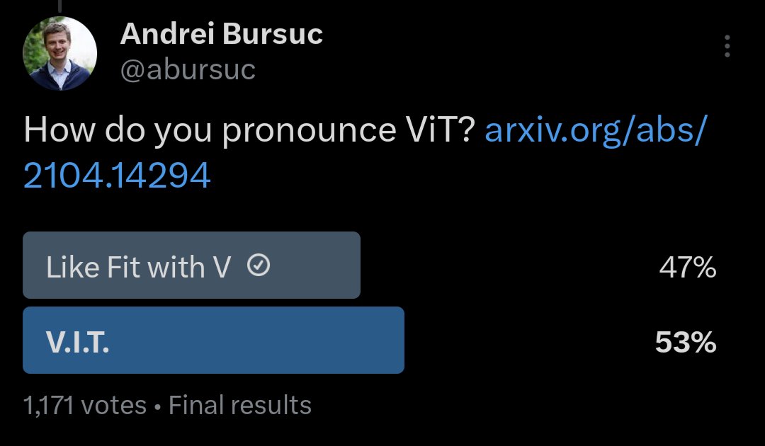 It's *Vi*sion *T*transformer, so like Fit with V. V.I.T. just does not roll off the tongue nice enough. When I voted/posted, it was at a shocking 20/80! Good job almost turning it alone. So, ... what election are we going to meddle with next, team?