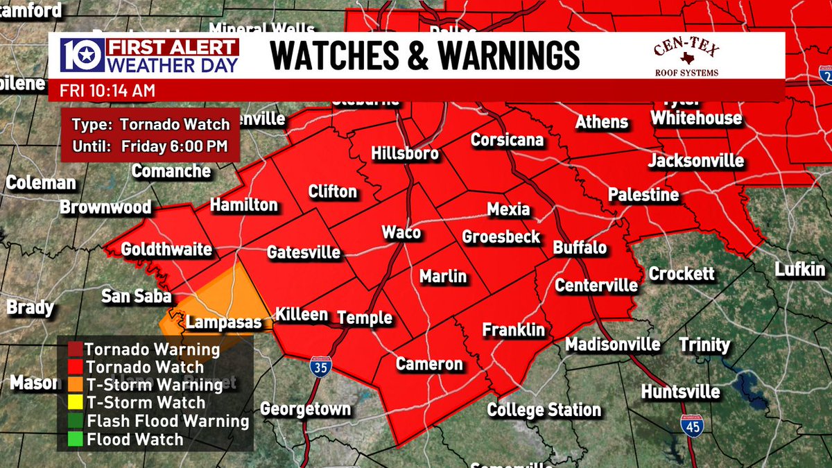 A TORNADO WATCH has been issued for ALL of Central Texas through 6 PM this evening. A tornado WATCH means that ingredients are in place for severe storms to potentially produce very large hail, strong wind gusts, and of course a few tornadoes too.