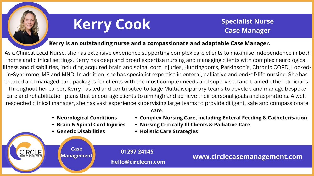 Kerry Cook, a highly experienced compassionate RGN Case Manager, is available for instruction in Hertfordshire & surrounding areas.
To request Kerry's C.V or arrange a free meet & greet please email hello@circlecm.com or call 0129724145.

#CircleCM #CaseManager #CaseManagement