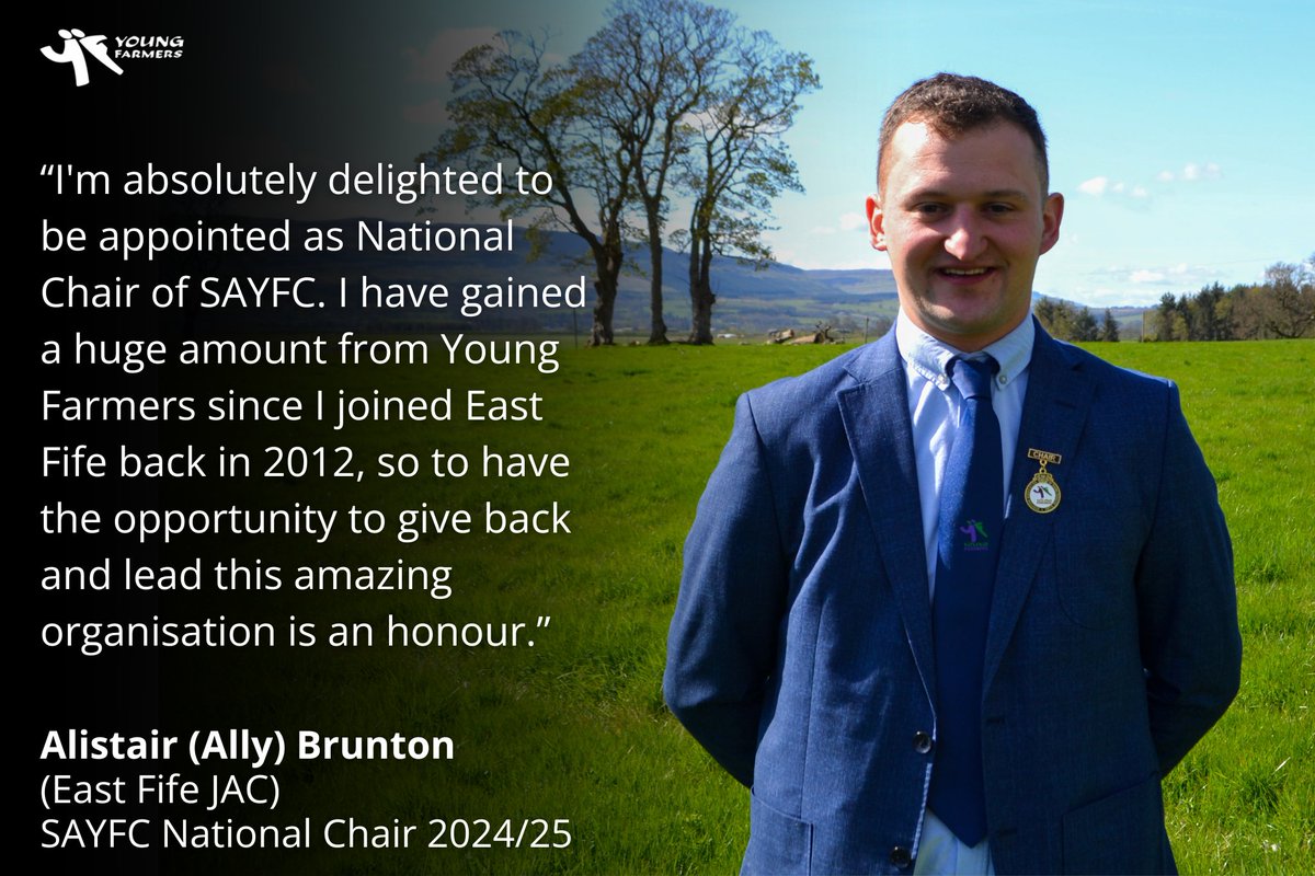 Introducing our New National Chair for 2024/25; Alistair Brunton of East Fife JAC. The Association would like to congratulate Ally on his appointment and wish him the best of luck in his year as chair. 🙌 #youngfarmersis #memberled #celebratingachievement