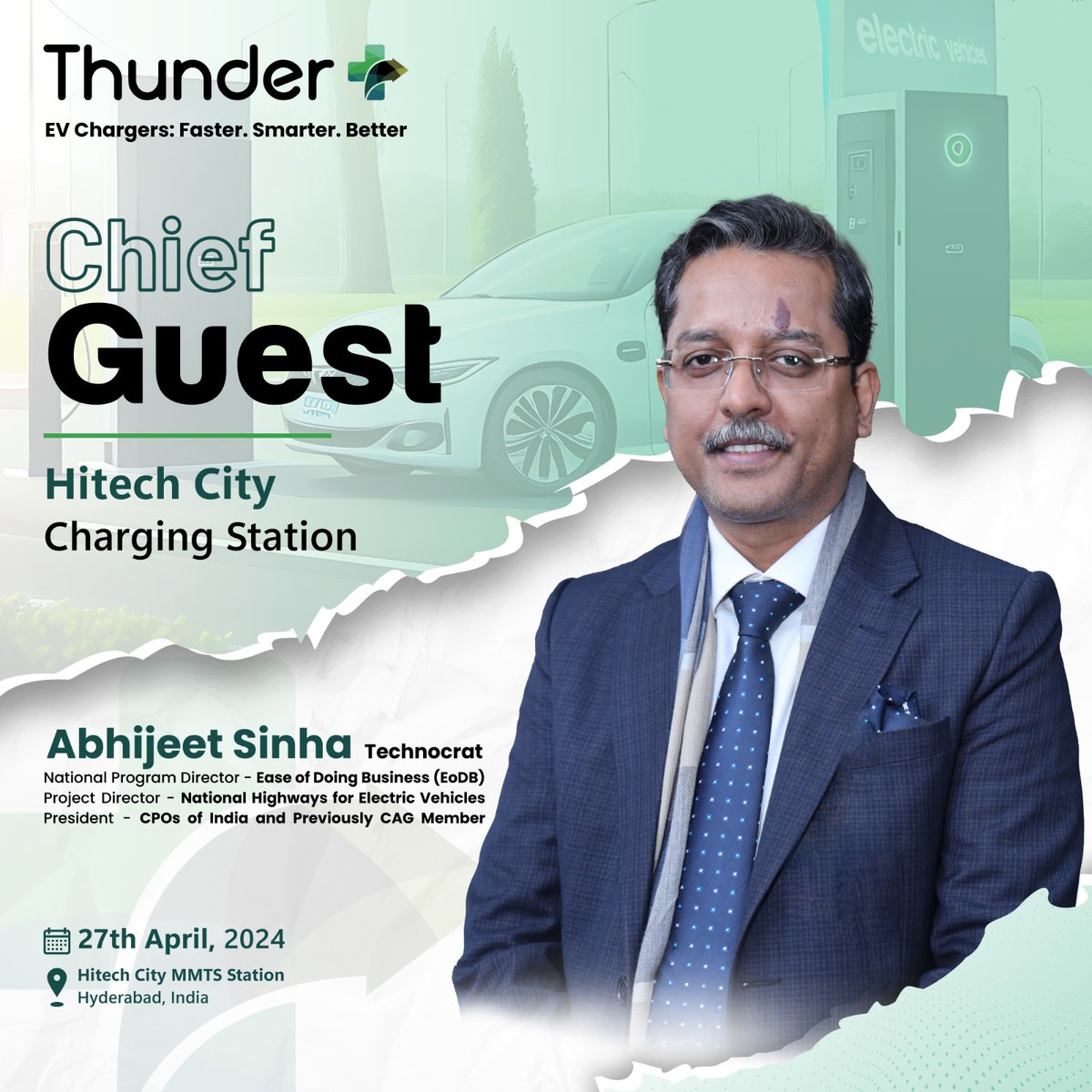 Our Project Director Abhijeet Sinha to inaugurate ThunderPlus Charging Station (2, 3 & 4 wheelers) tomorrow (April 27th) in Hytech City, Hyderabad (4-6pm)! Join him to experience the future of EV charging! 

#EVcharging #Hyderabad #FutureMobility #SustainableTransport