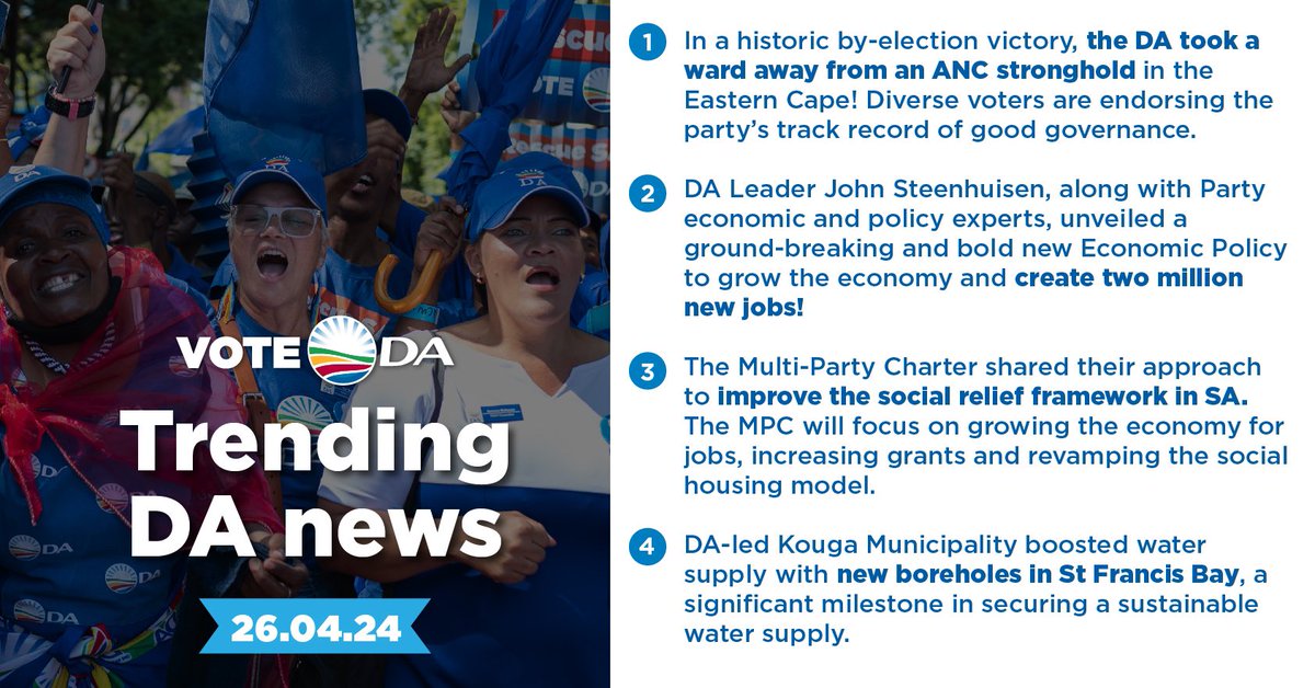 🚀 In a historic by-election victory, the DA snatched a ward from the ANC’s stronghold in the Eastern Cape this week!

Continuing on our mission to #RescueSA, the Party today unveiled a groundbreaking Economic Policy, promising two million new jobs!

See our top stories. 🗞️
