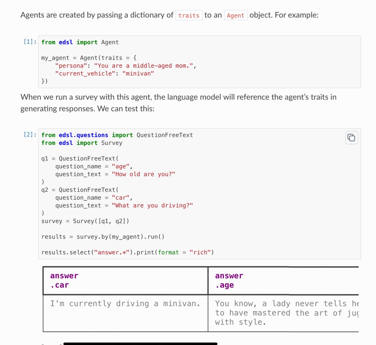 When you're making AI agents in edsl, you can give them static traits that (potentially) influence how they answer questions (see below) github.com/expectedparrot… but you can also give them traits dynamically, depending on the question or context by passing them a function 1/