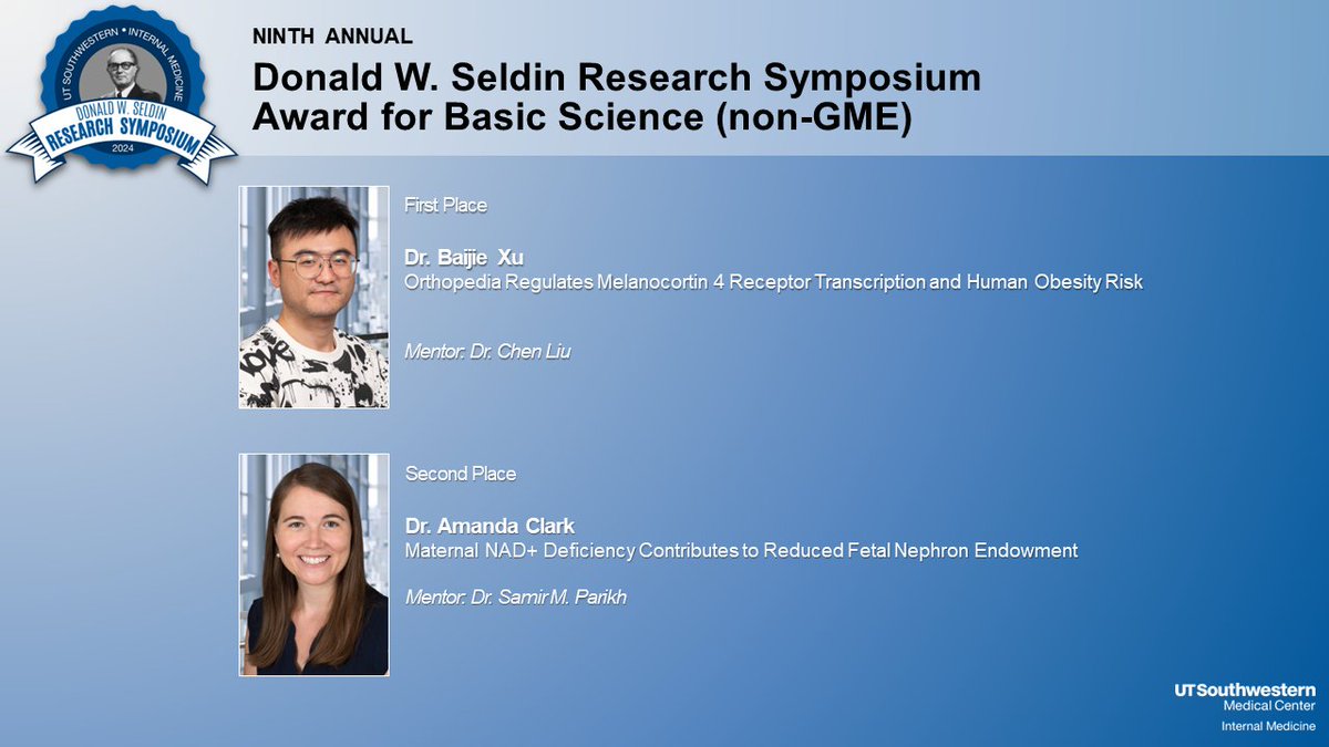 We congratulate Baijie Xu and Amanda Clark on winning the Seldin Research Symposium Awards for Basic Science! #SeldinSymposium2024 @thomasjwang1 @UTSWMedCenter @UTSWIMchief @UTSW_IMResRsrch