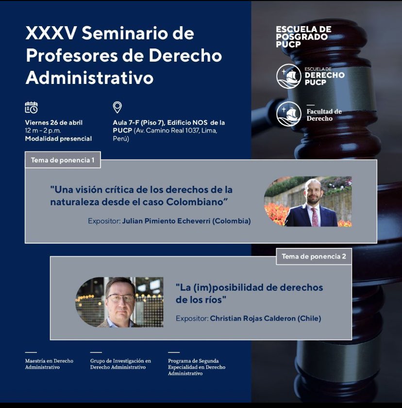 Hoy estaremos @PimientoJulian y 🙋🏻‍♂️ debatiendo en torno a lo que se ha denominado “derechos” de la naturaleza. Esto gracias a la muy amable invitación de @DerechoPUCP y su @PosgradoPUCP , pero sobre todo de @VicenteAlbertoC y #DiegoZegarra