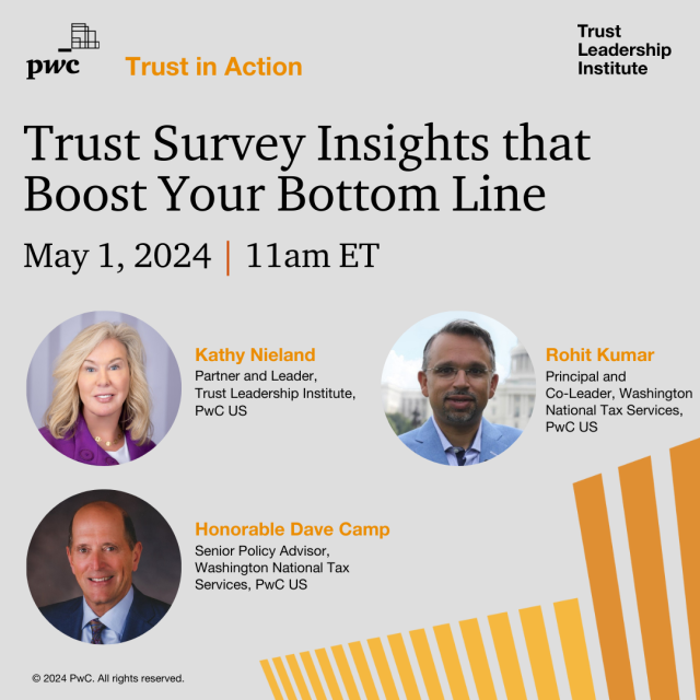 PwC’s 2024 Trust Survey reveals that consumers don’t trust companies nearly as much as execs think they do. The good news? The opportunity to drive business impact by earning trust has never been greater. Register for the next Trust in Action webcast: pwc.to/3xN6f3K