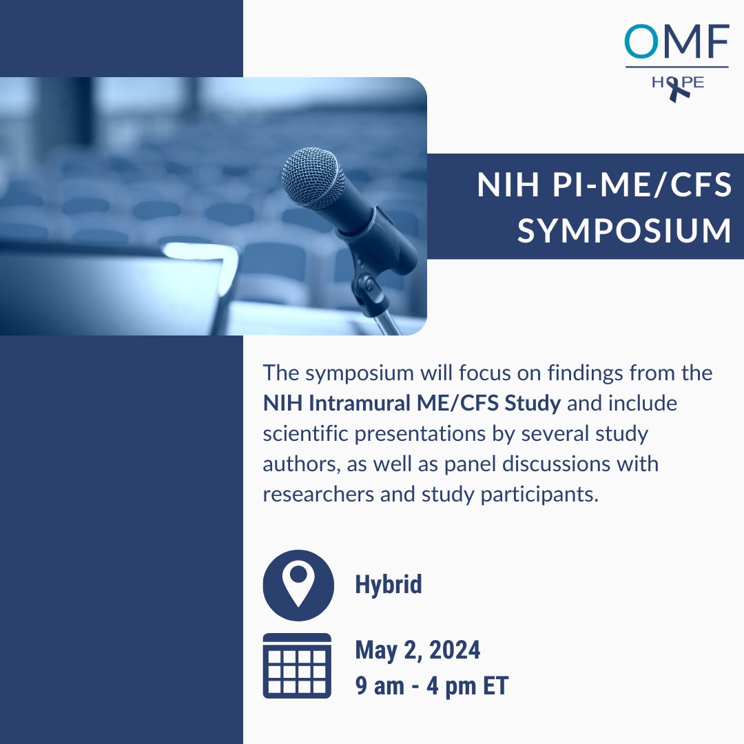 📢 Registration is now open for the NIH PI-ME/CFS Symposium happening on Thursday, May 2, 2024. 📍NIH Campus, Bethesda, MD/Virtual 🕘 9:00 am – 4 pm ET. For the agenda and more information, visit 👉 mregs.nih.gov/channels/F1P5-…. #MECFS #NIHResearch #pwME