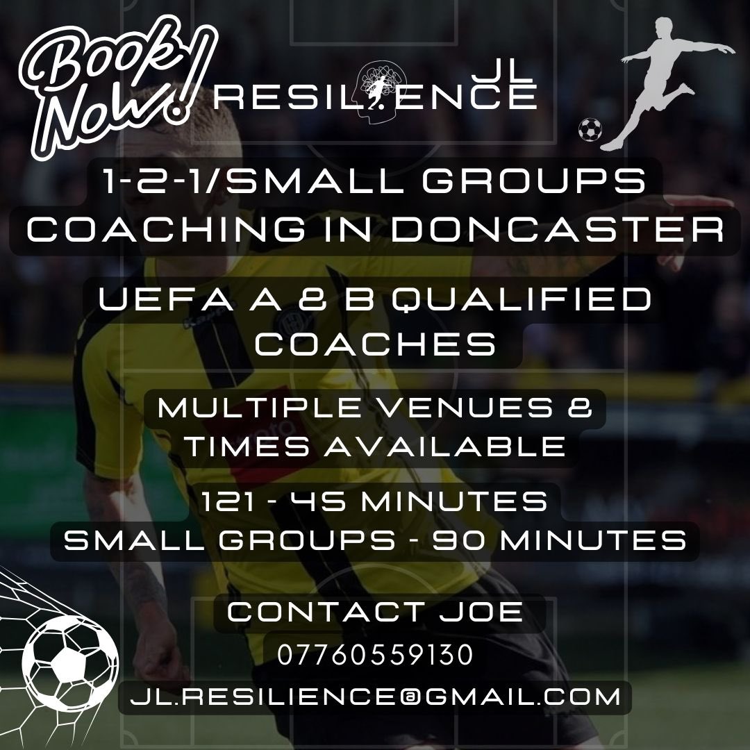 NOW TAKING BOOKINGS! 121 & Small Group coaching in Doncaster. UEFA A & B Licence Coaches. Multiple venues around Doncaster. Contact Joe for more info or to book 🙌🏽⚽️ #jlresilience #joeleesley #footballcoaching #doncaster #doncastercoaching #football #doncasterisgreat