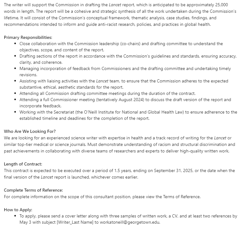 ICYMI: @RSDGHcommission is hiring a consultant writer to support the Commission in drafting @TheLancet report. Qualified individuals are invited to apply. Please share widely. Details here: linkedin.com/jobs/view/3911…