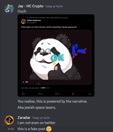 HappyCatKripto's tweet photo. This is not Tobias, it's a fake account being used to promote trust.

Here is proof from Tobias. 

Typical tactics from these guys.

#LUNC #LUNCcommunity https://t.co/LsCjItFsnK