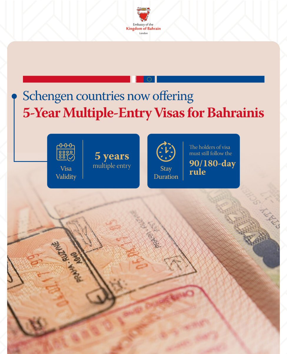 Exciting News for Bahraini nationals🇧🇭! The EU🇪🇺 has announced that Bahrainis are now eligible for a five-year multiple-entry Schengen visa under the existing 90/180-day rule. facilitating easier & more frequent travel to the Schengen Area. Safe travels & enjoy exploring Europe✈️