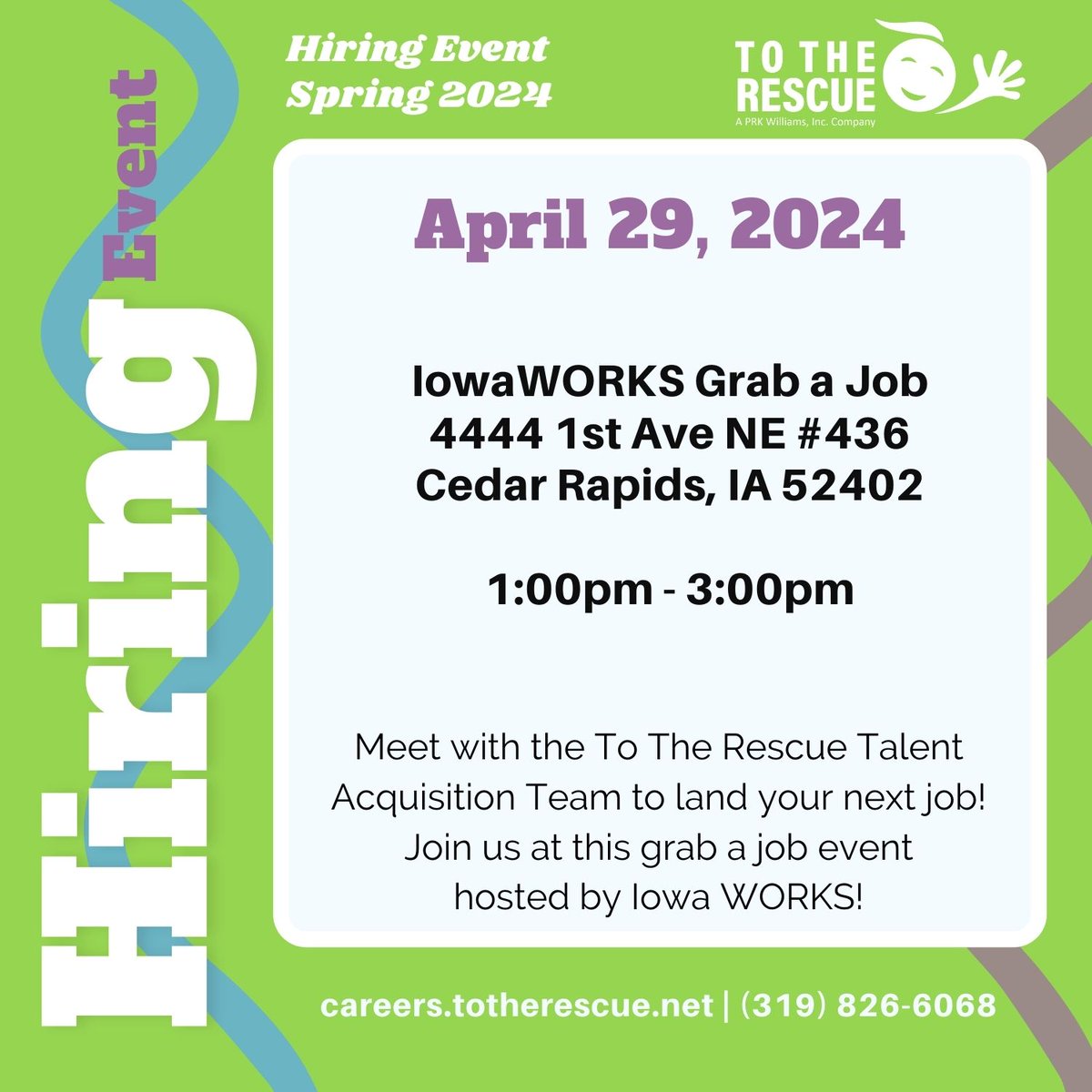 Plan to attend our Grab-a-Job event this Monday, April 29th! To The Rescue talent acquisition staff will be on-site ready to talk to you about your next career opportunities! @IowaWORKSGrabAJob

#ToTheRescue #IowaWORKSGrabAJob #WeAreHiring